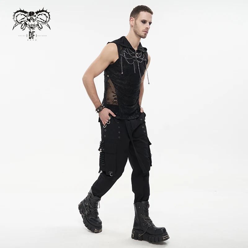 TT201 Devil Fashion Summer good elasticity printed ripped knitted short sleeve men skull black punk Hoodie with chains