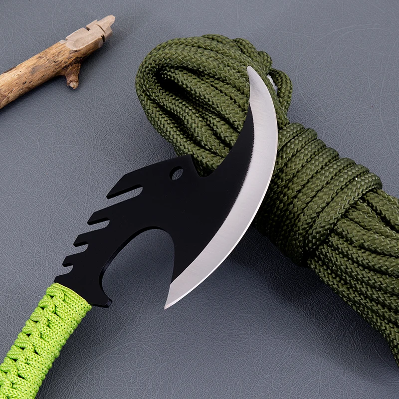 Survival Camping Hunting Knife Tomahawk Axe Battle Hatchet with Fire Starter Rope Wrapped Full Tang Handle