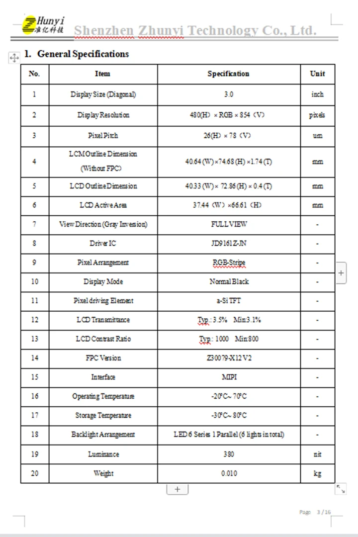Manufacturer IPS MIPI RGB 3 Inch TFT Display Normal Black Support Customization Zhunyi Technology 37.44*66.61mm 480*854 CN;GUA