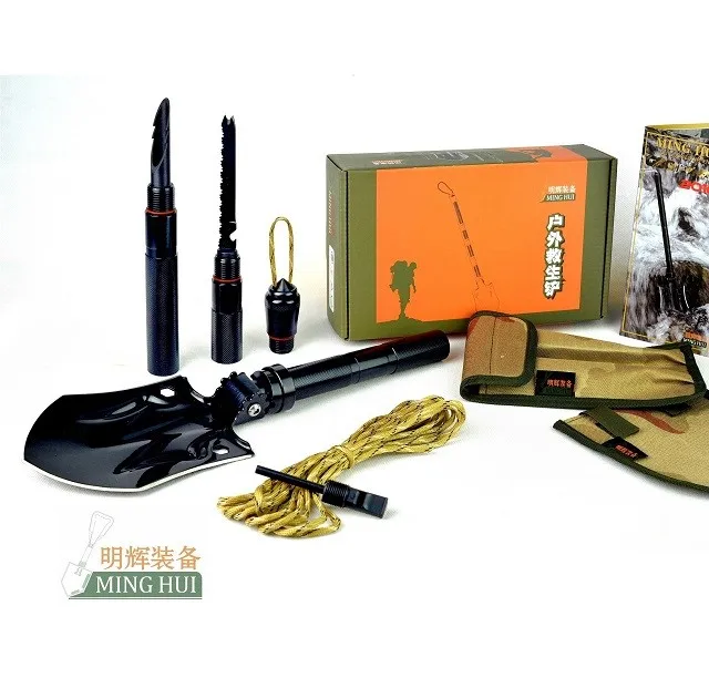 G class multi-purpose survival kit for outdoor camping,include shovel,knife,axe,saw.