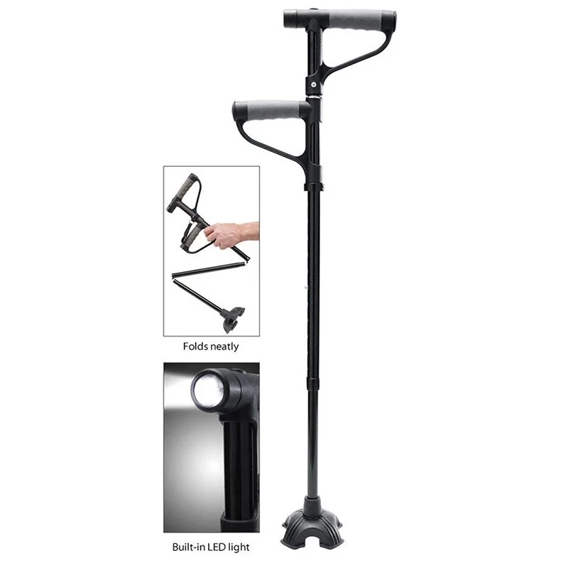 Old Man Walking Stick Elder Telescopic Crutches Folding Double Handle Four Feet With Light Strong Cane