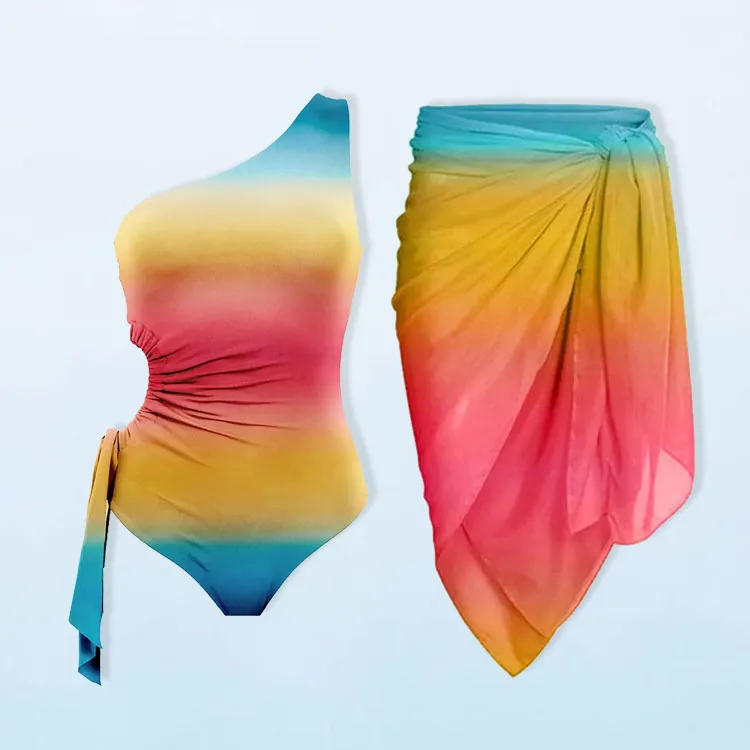 huilin designer customization manufacture rainbow gradient dye monokini swimwear with skirt custom logo women one piece swimsuit