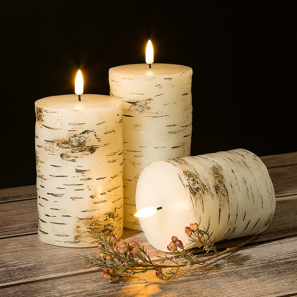 Flat top paraffin wax pillar Birch bark warm white light flickering led candles