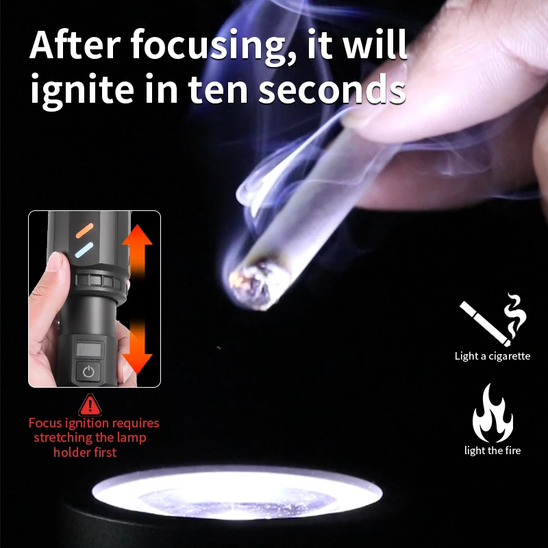 Super bright telescopic zoom flashlight with fluorescent strip outdoor waterproof rechargeable flashlight can light cigarettes
