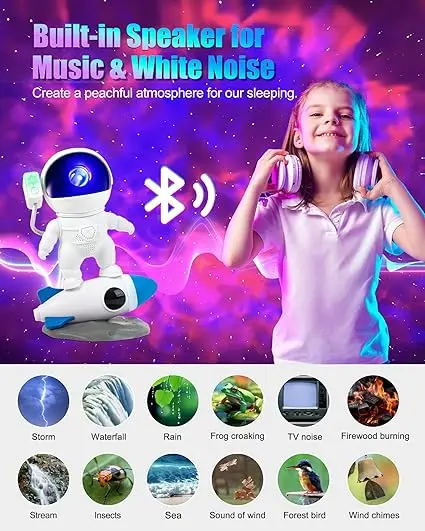Astronaut Galaxy Star Projector with 9 Color Night Light Rocket,Bluetooth&15 White Noise&Timer Starry Nebula light for Bedroom