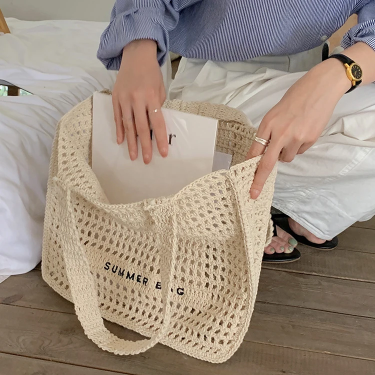Factory Custom New Style Large Capacity Shopping Hollow Out Soft Cotton Crochet Knitted Tote Bag