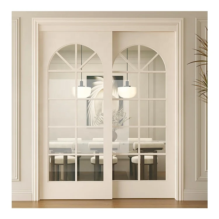 Solid wood painted hanging rail sliding door curved buckle grid light French balcony kitchen study sliding door