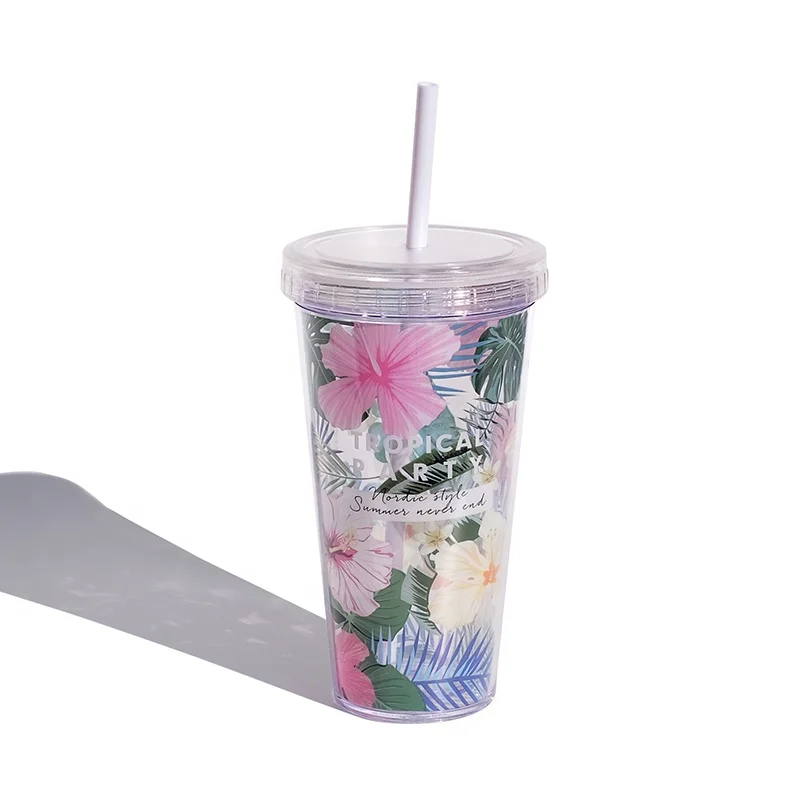 
Girlwill Flower Reusable Double Wall Plastic Cups With Lids And Straw Bottle Tumbler Wholesale Custom Logo Drink Coffee Mugs 