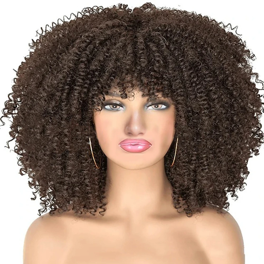 Synthetic Heat Resistant Fiber Short Curly Wine Red Wigs Jerry Curly Hair Wigs With Bangs Afro Kinky Curly Wigs For Black Women