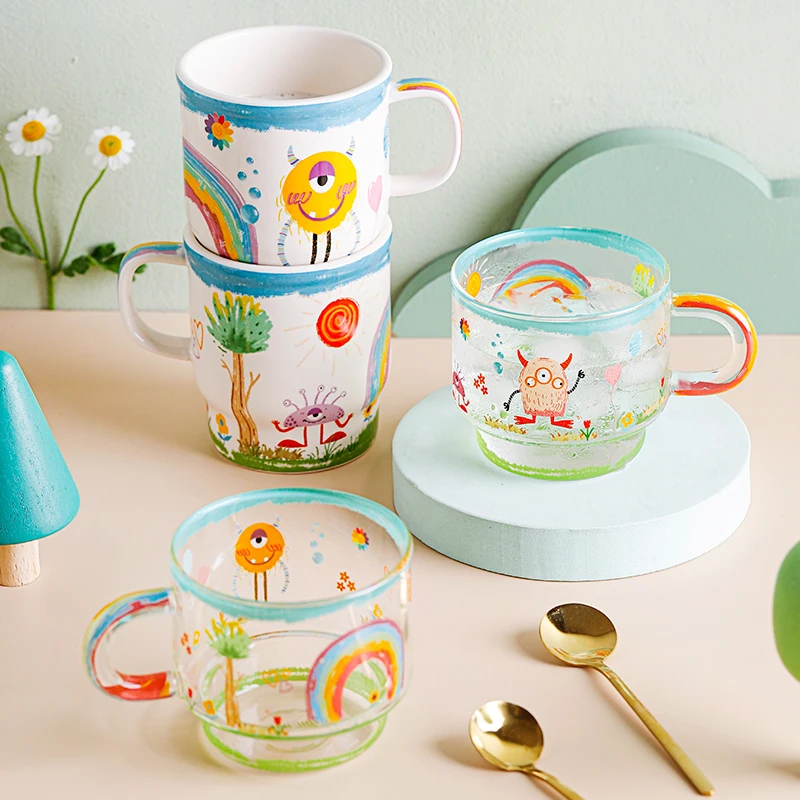 Ceramic Milk Drinking Cup Heat Resistant Borosilicate Glass Breakfast Coffee Mug With Spoon