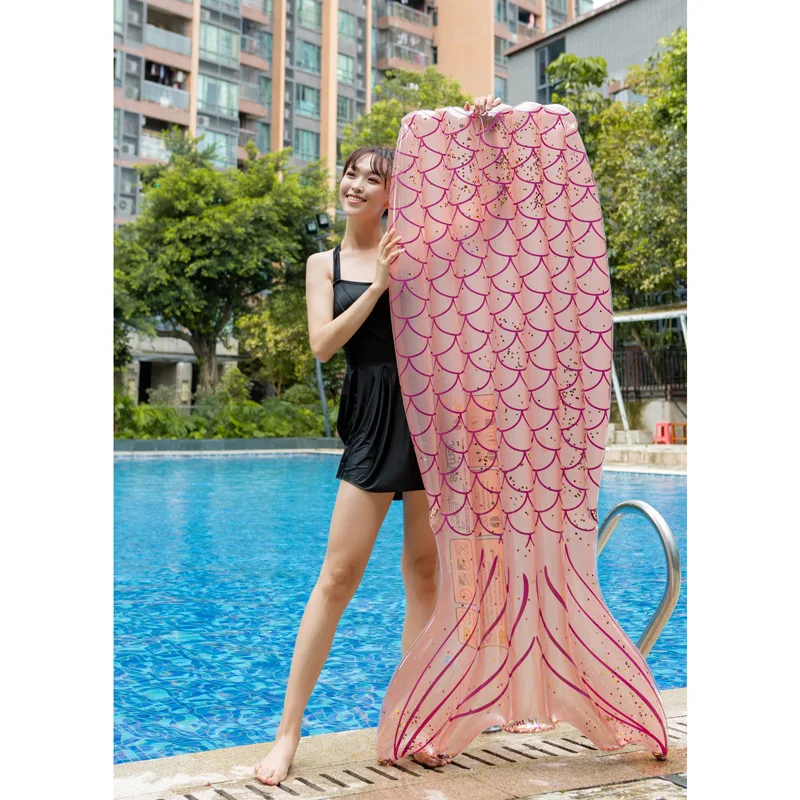 New Sequin Glitter Mermaid Floating Row Fish Tail Swimming Pool Toy Adult Mount Water Inflatable Ride-ons Float Bed Tail Floater