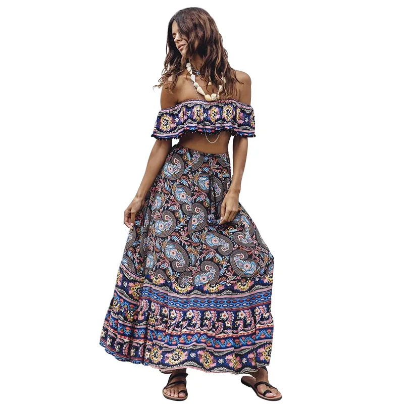 
HJ Trendy lady clothing off shoulder beach summer maxi floral dress boho bohemian women casual nude ruffle dresses 
