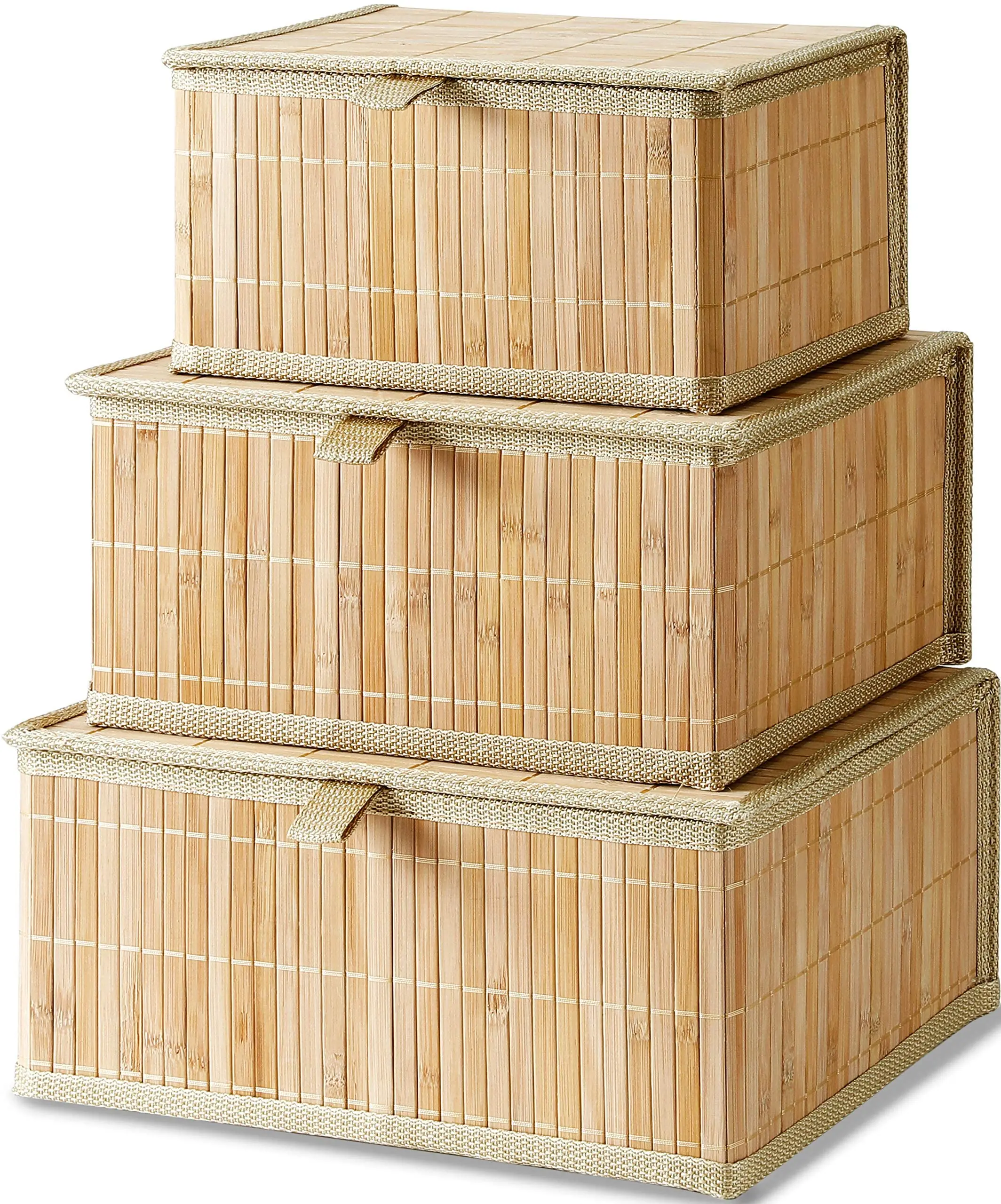 Bamboo Decorative Storage Boxes - Storage Basket with Lids, Beige Wicker Lidded Baskets for Home Kitchen Shelf Organizer Decor