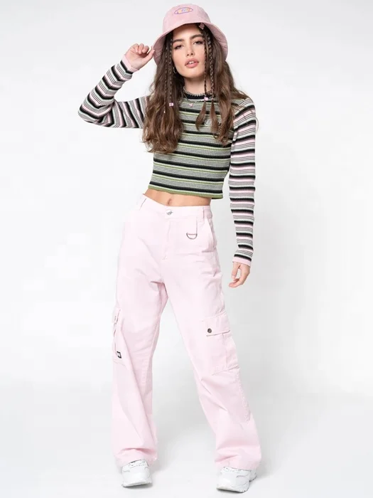 
Straight high waist trousers green plaid pink casual pocket loose trousers 