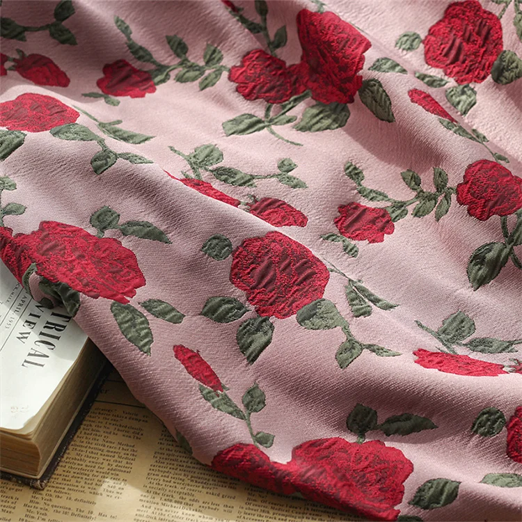 Yarn-dyed Red Rose Embossed Fabric Retro Wrinkle High-definition Clothing Suit Stiff Tutu Skirt Jacquard Cloth wallpaper