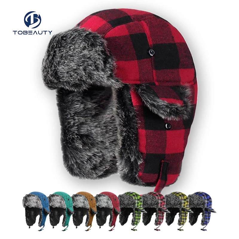 Waterproof Knitted Lumberjack Plaid Aviator Trapper Hat Hunting Hat Trooper Ear Flaps Bomber Winter Hat for Outdoor Sports