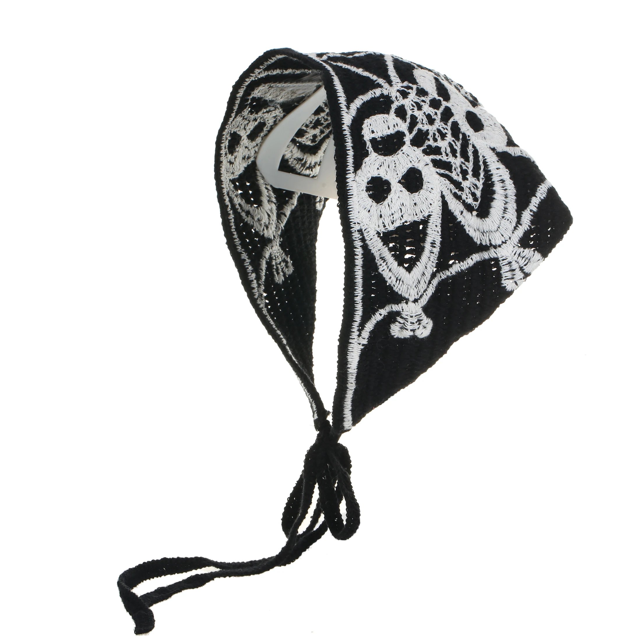 Cute Girl Black Spiderweb Skulls Embroidery Crochet Ethnic Bohemian Style Halloween Holiday Square Hair Accessories for Adults