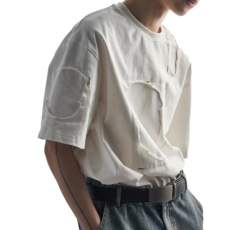 Finch Garment Streetwear Ripped Cutout Double Layer Distressed Unisex T Shirts Cotton Rough Vintage Tees