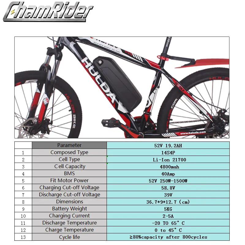 Оригинальная батарея 52V 19.2AH ebike Hailong Max 40A BMS 350W 500W 750W 1000W 1500W 21700 Cell BBS02 BBS03