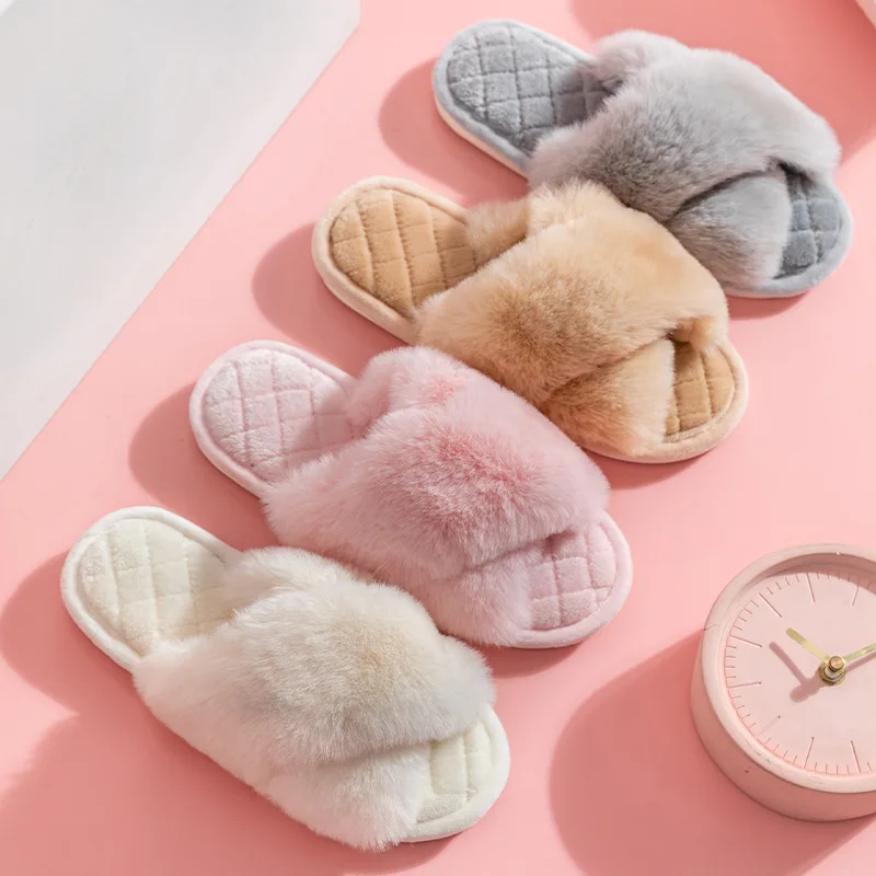 Autumn Winter House Shoes Women Home Slippers Warm Faux Fur Ladies Cross Soft Plush Furry Female Open Toe Fashion Shoes