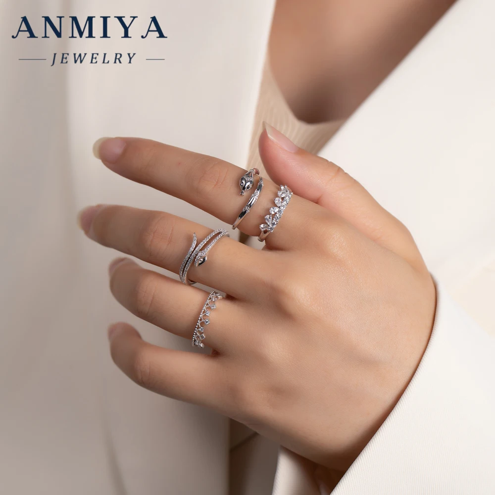 ANMIYA Custom Fashion Diamond Crown Ring 925 Sterling Silver Advanced Snake Shape Cubic Zirconia Fine Jewelry Ring For Women