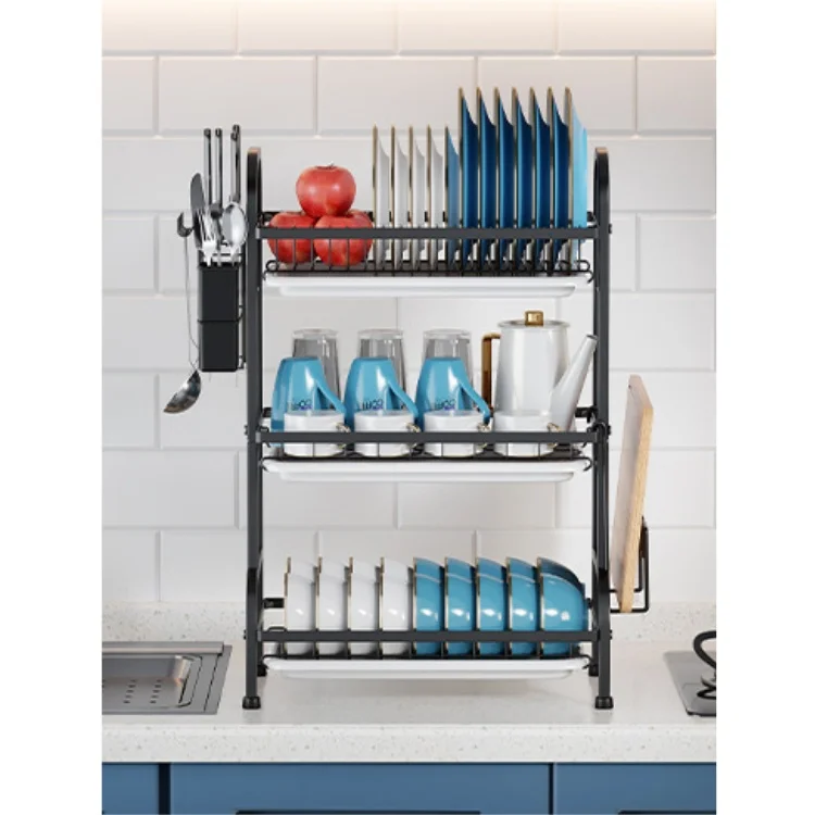 High Quality Black Metal Dish Drying Rack Carbon Steel Kitchen Organizer with 3 Tier Metal Dish Drainer Rack