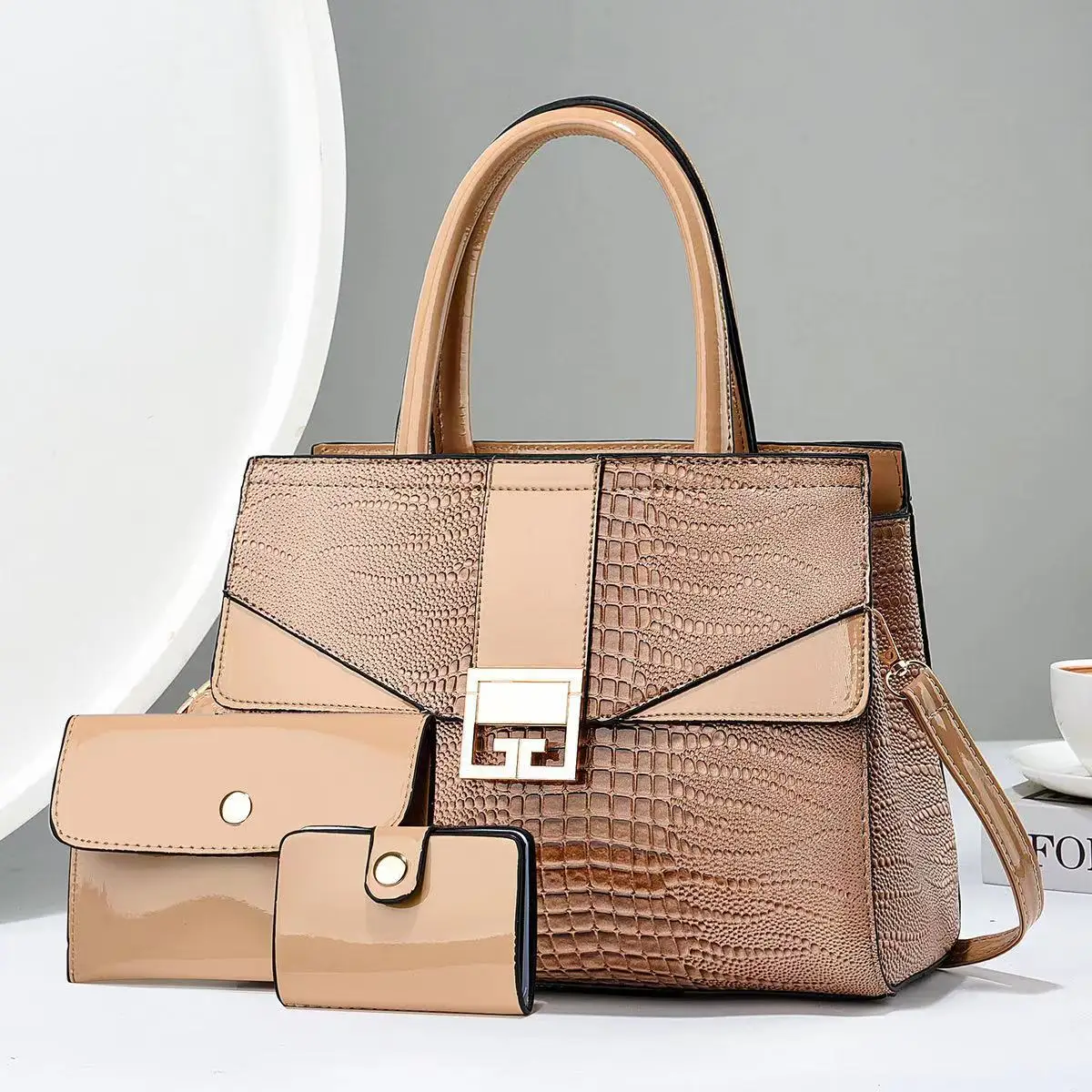 2Pieces Set/Hot Selling Classic Luxury Woman Handbags Shiny Lather Fashion Bags with Wallet European Style Large Purse