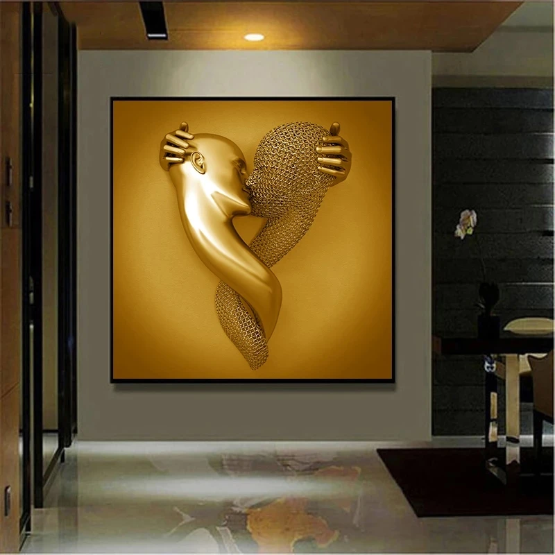 Nordic Couples Metal Figure Statue Abstract Art Canvas Painting Lover Sculpture Wall Hanging Painting for Living Room Home Decor