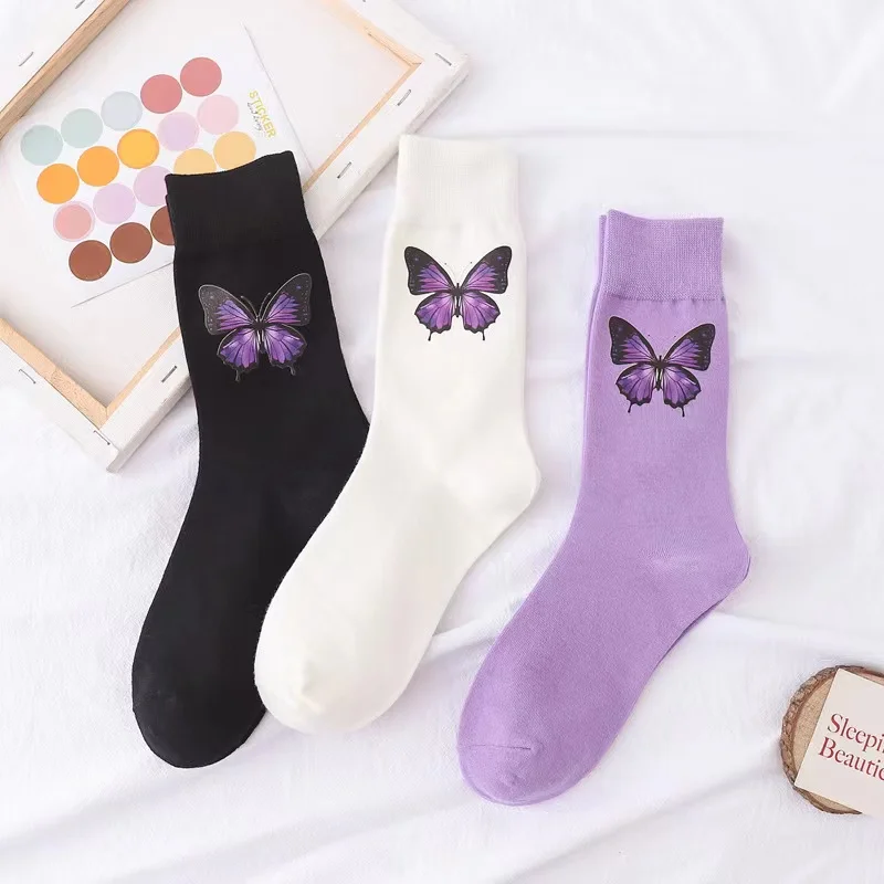 High quality wholesale cotton 3D printing socks custom pattern butterfly print sublimation socks