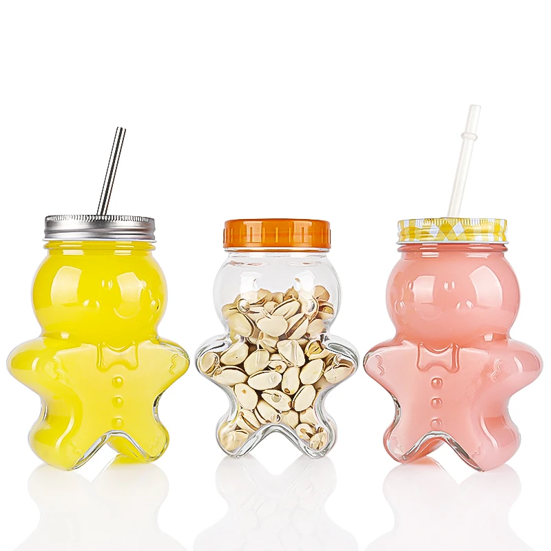 Gingerbread man design glass juice beverage bottles with twist off lids and straw 500ml