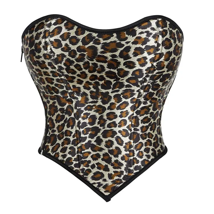 Leopard Print Bustier Crop Top Lace Up Boned Overbust Corset Short Torso Korset