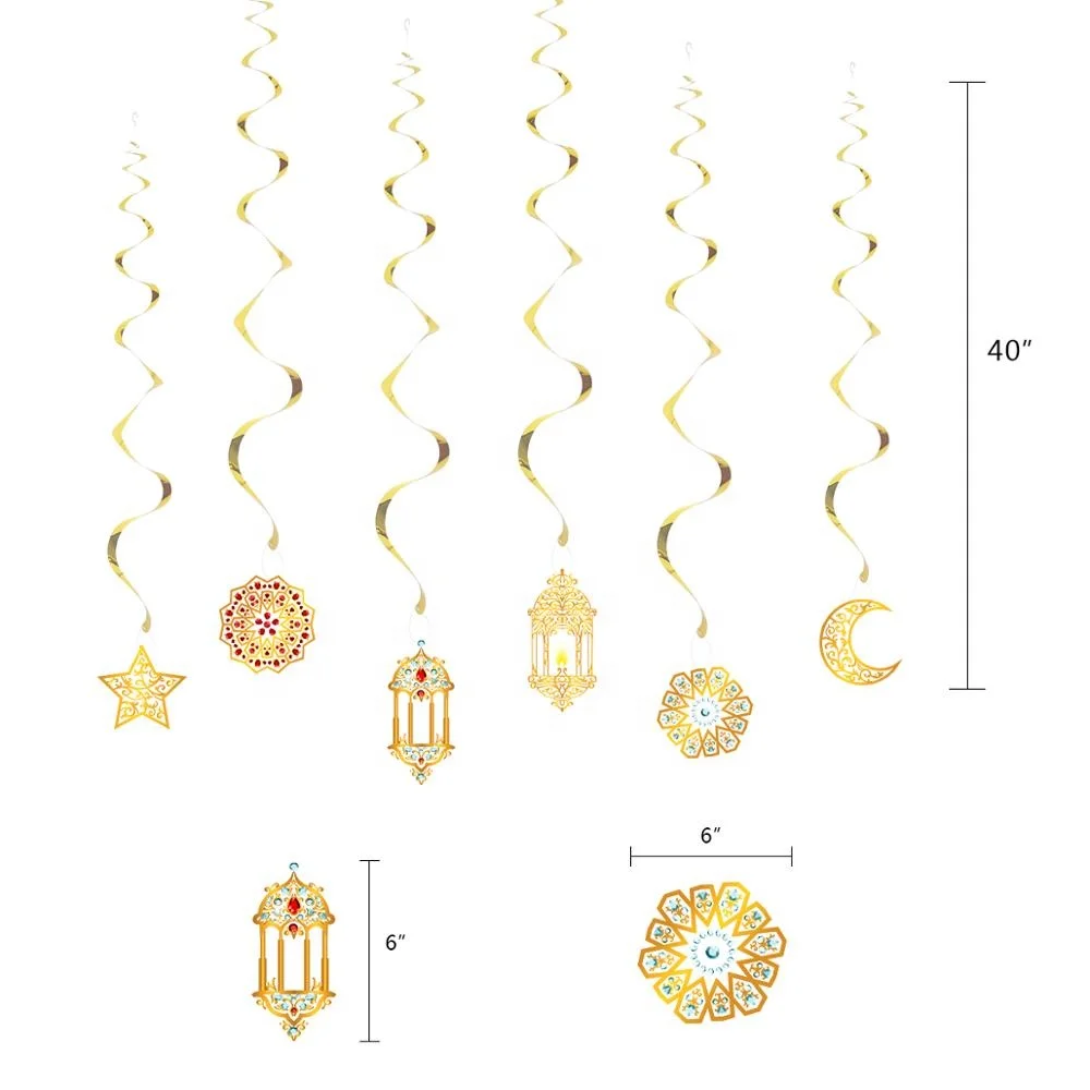 UMISS New Design EID MUBARAK Banner Moon Stars Cake Topper Hanging Swirls for Home Party Ramadan Event Decor Party