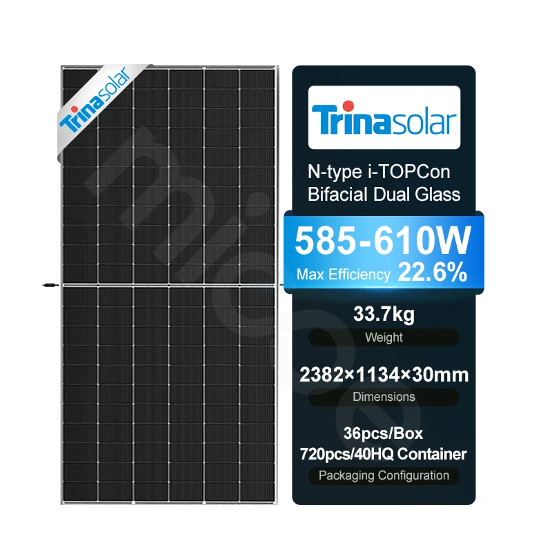 Trina Solar Energy Panel N-type TOPCon Bifacial Dual Glass 585W 590W 595W 600W 605W 610W Solar Panels Fitting for Home