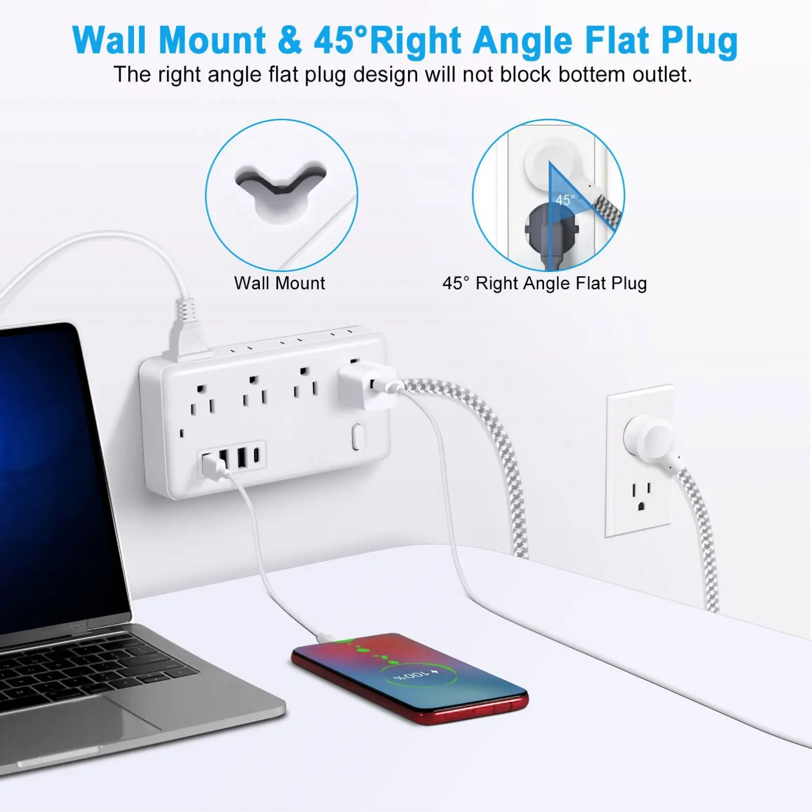 1.2 US cable  Surge Protector Power Strip with 8 Widely Outlets 4 USB Ports Flat Plug Wall Mount Outlet Extender