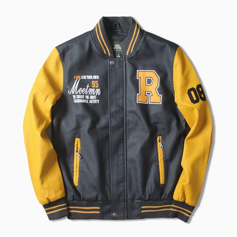 
Wholesale custom brand cheap classic lettering yellow sleeve american lettermant lather PU baseball coach jacket 