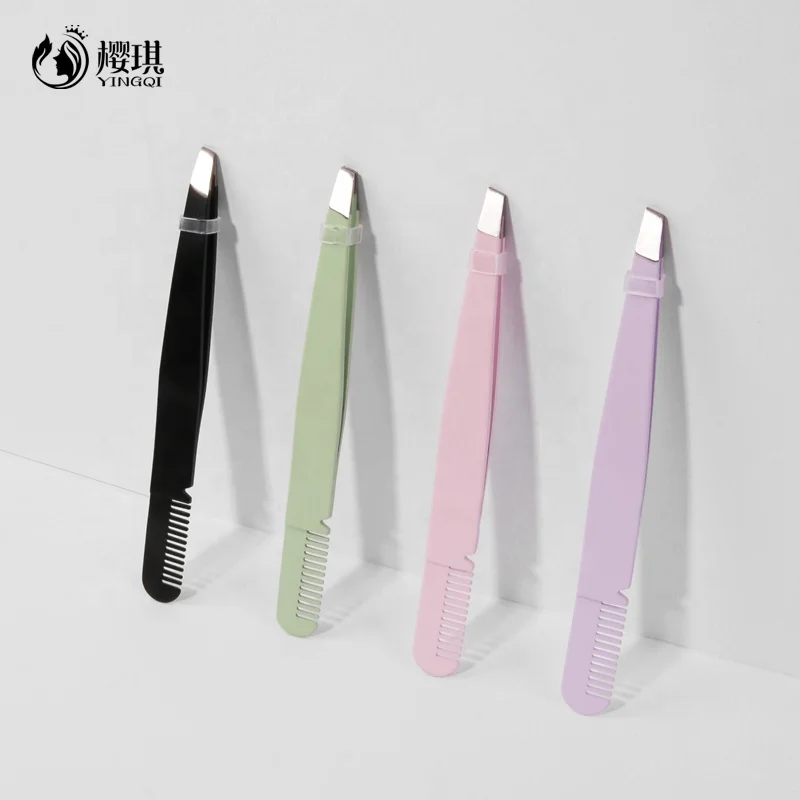 Multifunctional Stainless Steel Slanted Eyelash Tweezers Eyebrow Tweezers with Comb Eyelash Extension Applicator