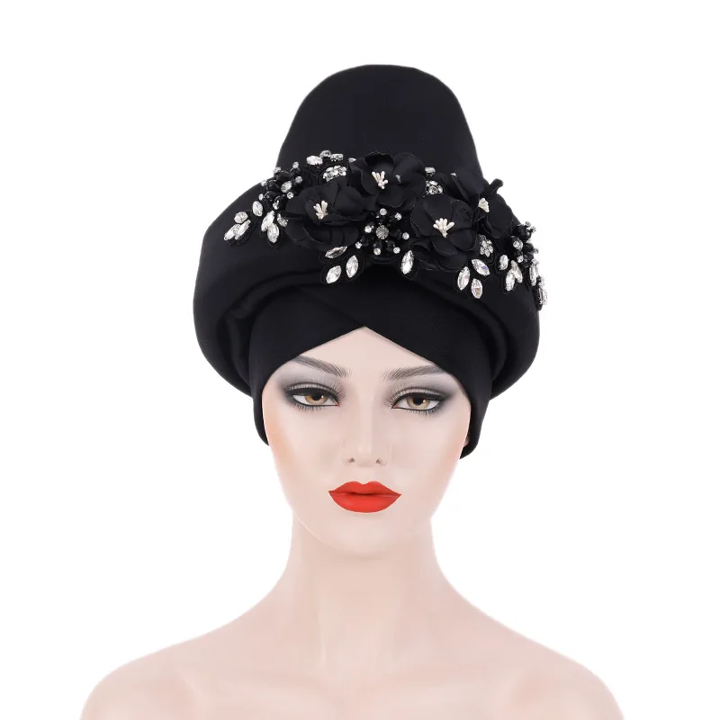 Ready to ship 2023 latest ladies flower embroidery african hats fashion ethnic style stretch turban headbands for women