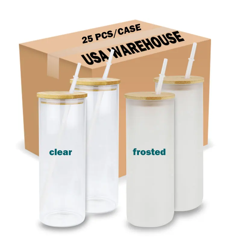 Лидер продаж на Amazon, в наличии, кофейная кружка для сока объемом 25 унций, прозрачная матовая прямая сублимационная стеклянная кружка с крышкой и соломинкой