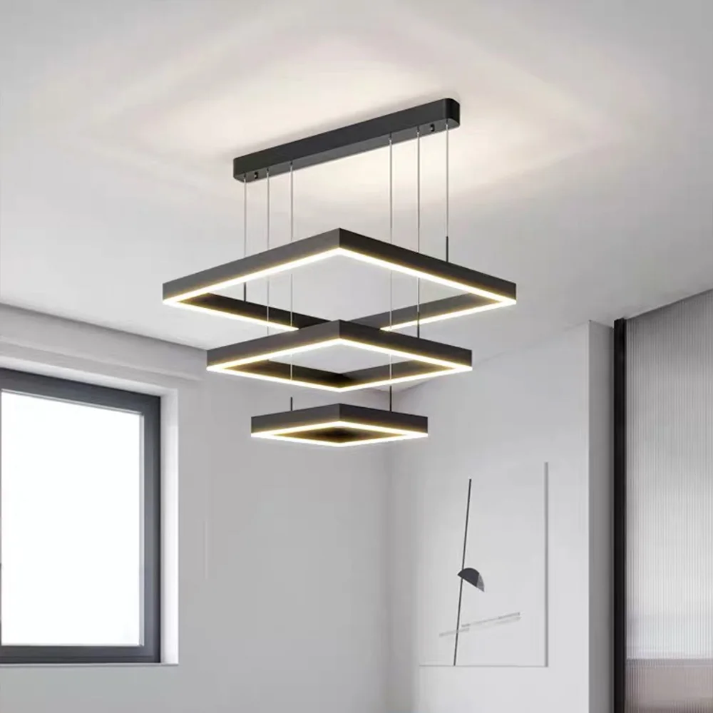 Simple design art line pendant lamp villa living room modern black led chandelier square metal line chandelier