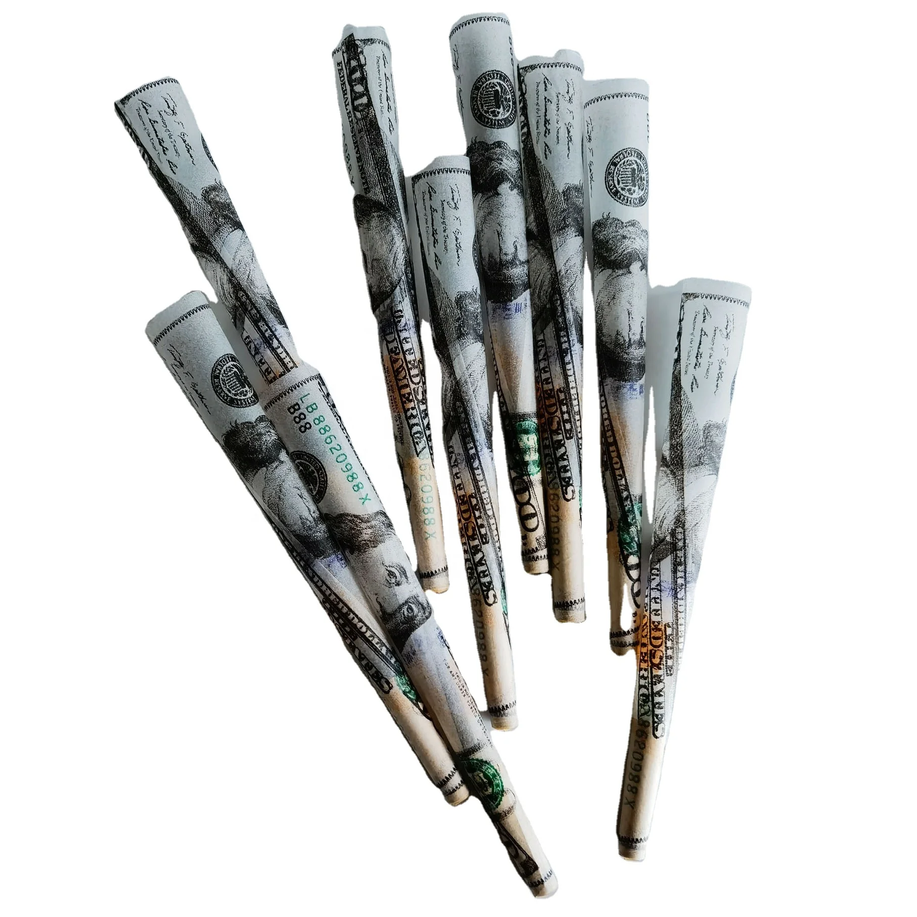 
Unique $100 dollar design Pre-Rolled Cones of king size 109x26mm - 800 Cones Per Box 