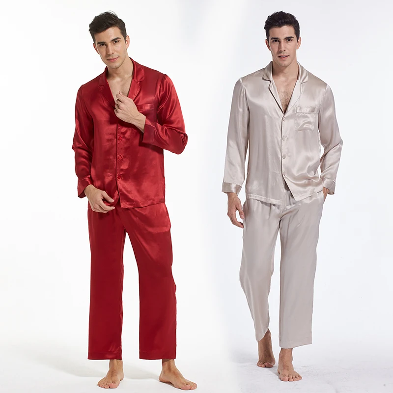 Luxurious Solid Color Turn Down collar 100%Pure Silk Satin Pajamas for Men In stock