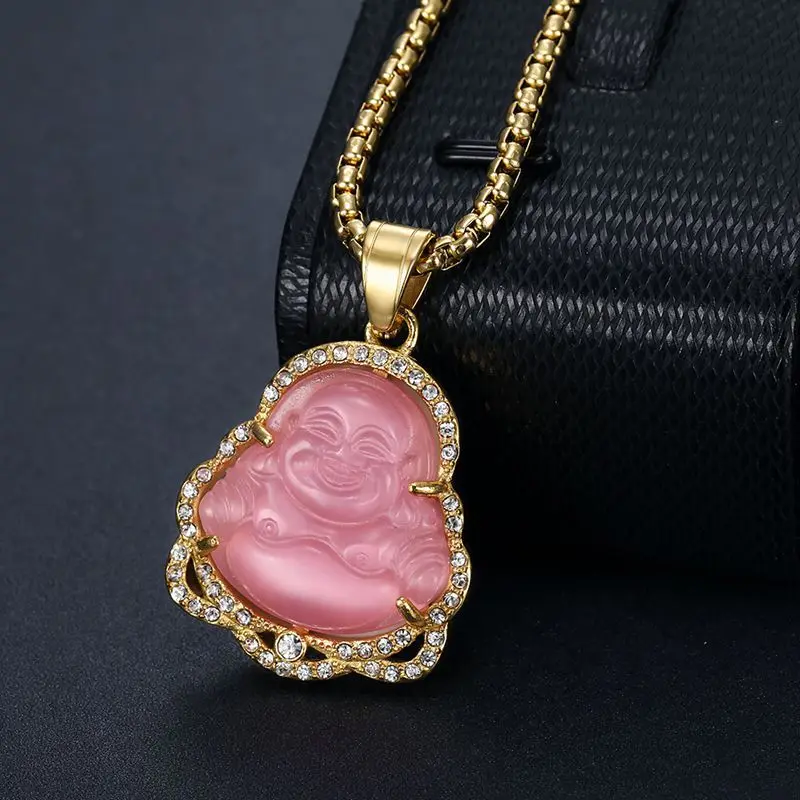 Crystal Laughing Religious Maitreya Carved Jade Buddha Pendant 18k Gold Plated Stainless Steel Buddha Necklace