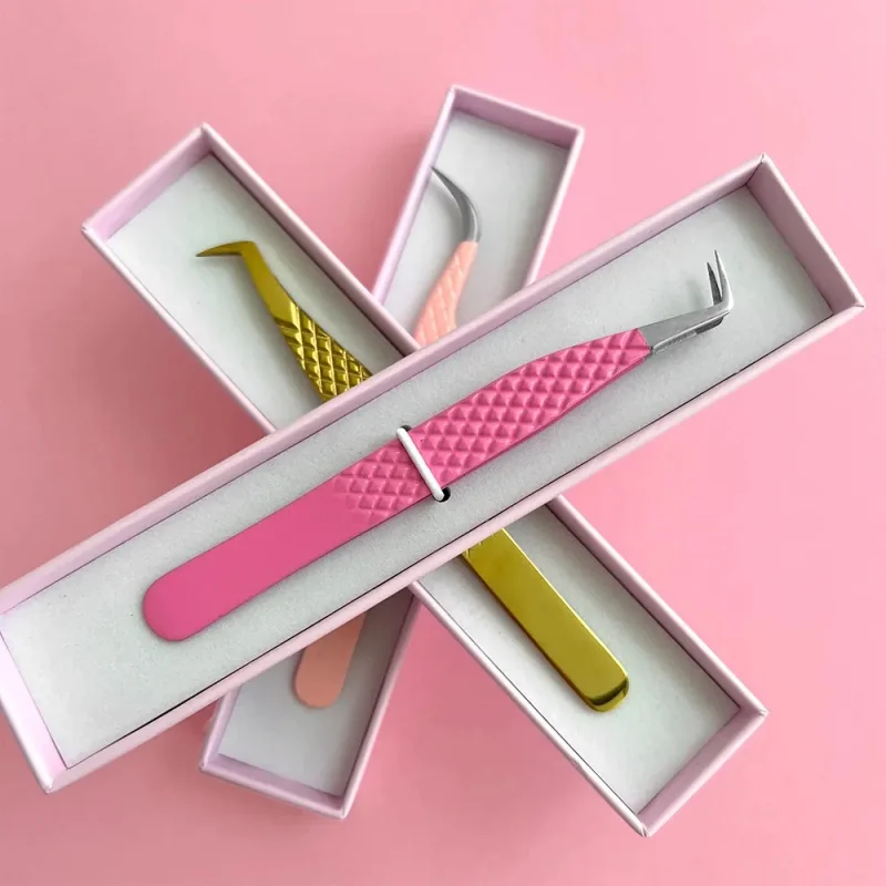 Customized Logo Colorful  Pink and Rose Gold Lash Applicator Tweezer Private Label Eyelash Tweezers Bulk Eye Lash Tweezers