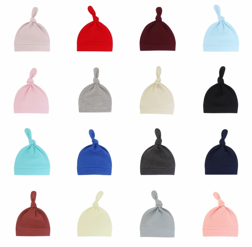 Оптовая продажа несколько однотонных цветов завязанный унисекс шапки для малышей, младенцев, новорожденных из хлопка с шапочка для От 0 до 1 года
