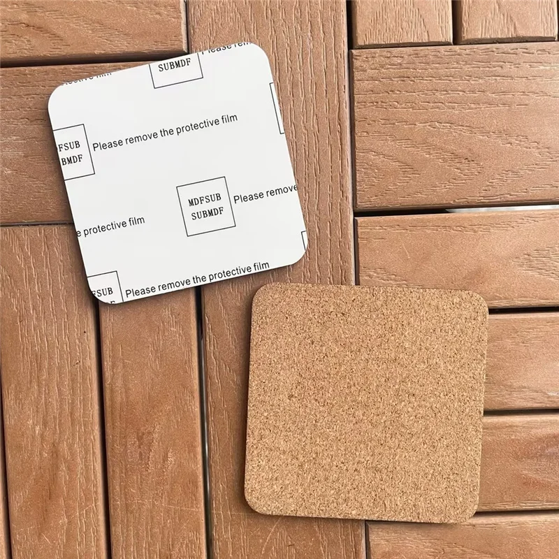 MDFSUB China factory OEM/ODM 4mm square sublimation mdf coaster  protective film sublimation blank mdf cork back coaster for bar