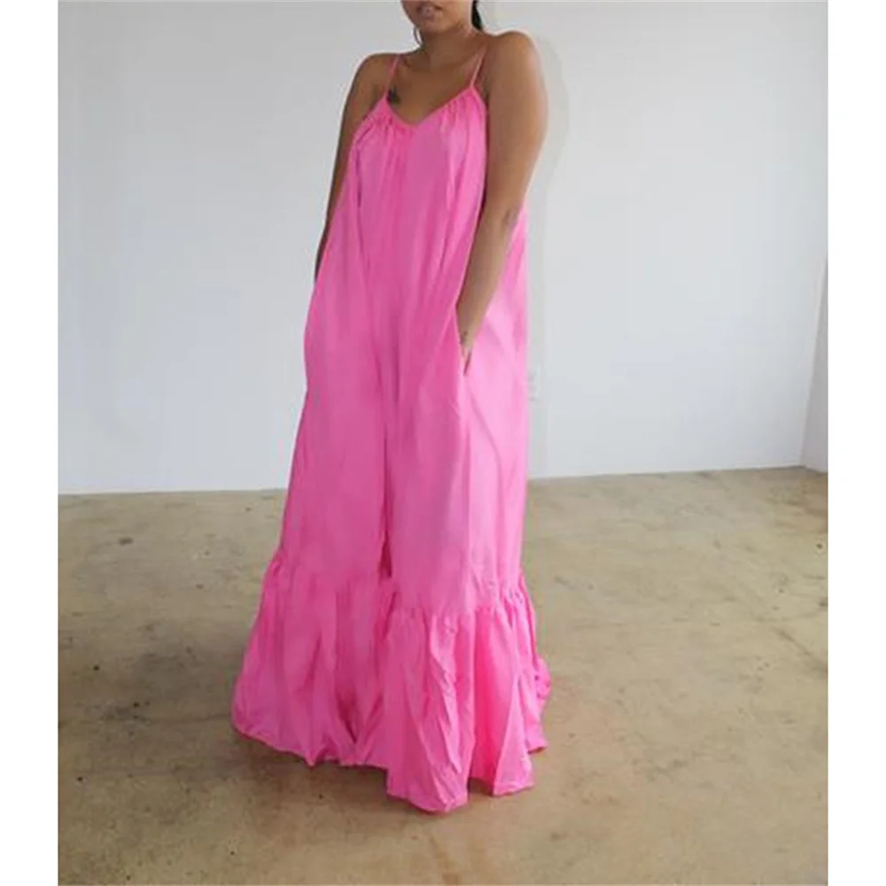 5XL Plus Size Women Casual Solid Color Loose Tie Back Ruffle Strapless Candy Color Dress