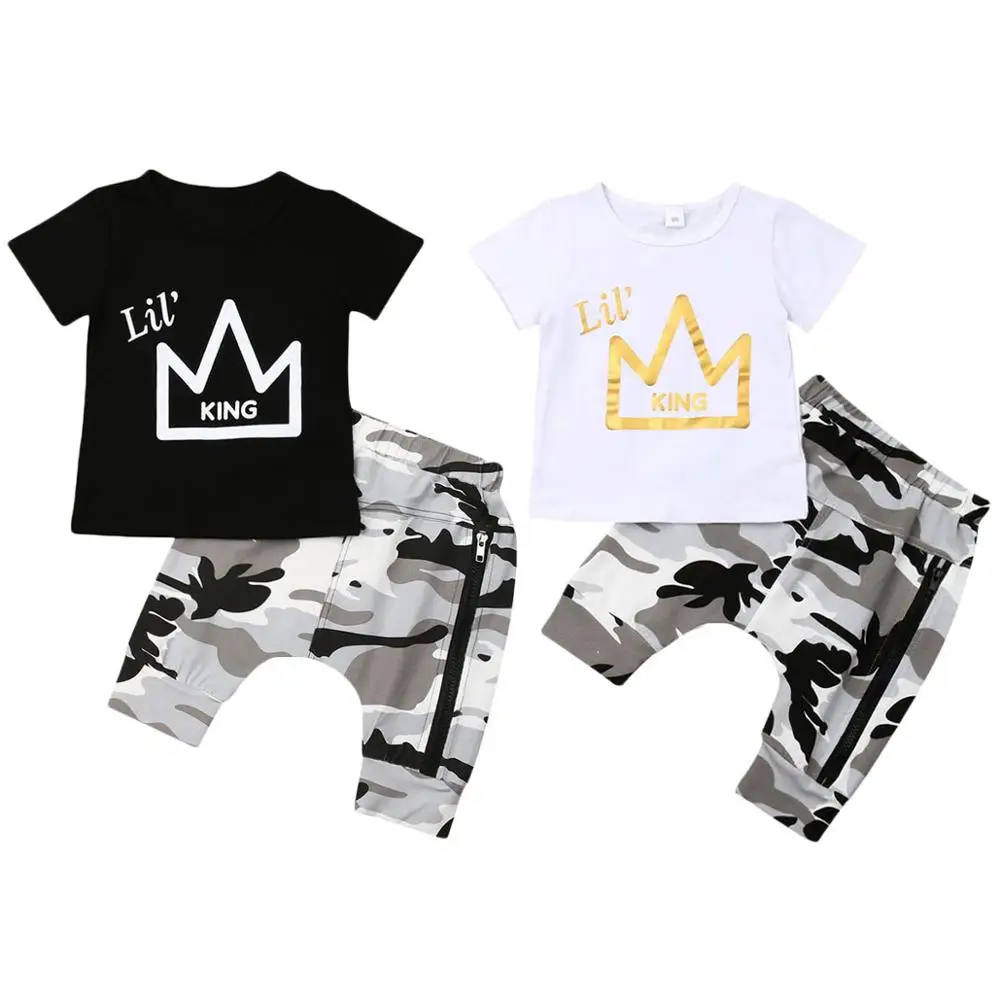 2019 new hot selling crown pattern camouflage pant two piece modern natural baby summer clothes for 1 year old boy