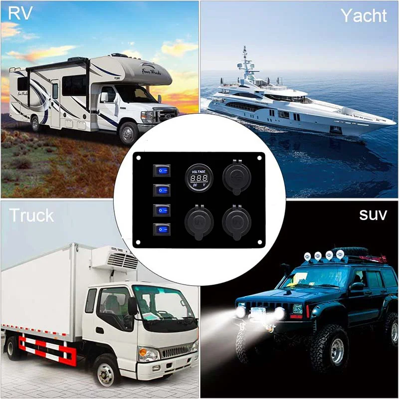 Custom 4 gang car switch panel USB  charge  voltmeter rocket for  motorhome caravan RV ambulance accessories