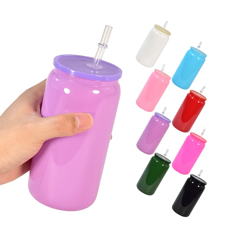 Wholesale China Factory 16oz colorful blank Sublimation Beer Glass Cans with plastic lids and straws for UV DTF wraps
