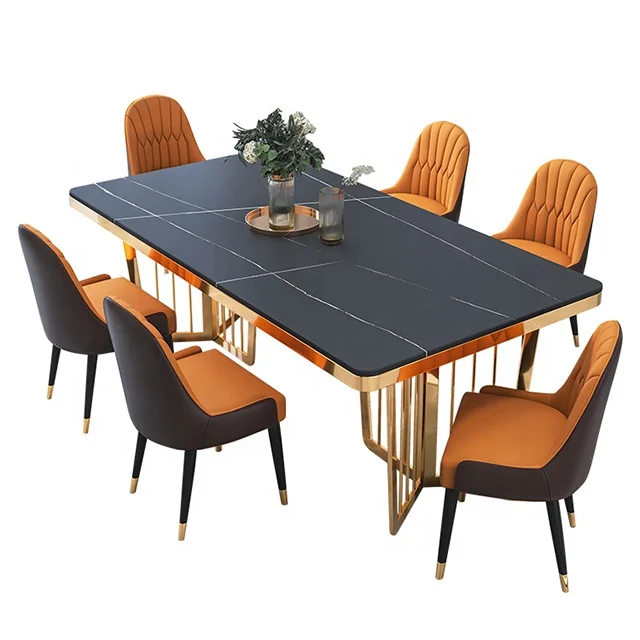 Stylish Dining Table and Chairs Rock Top Stainless Steel Factory Nordic Simple Italy Design The Best Quality China Leg Golden